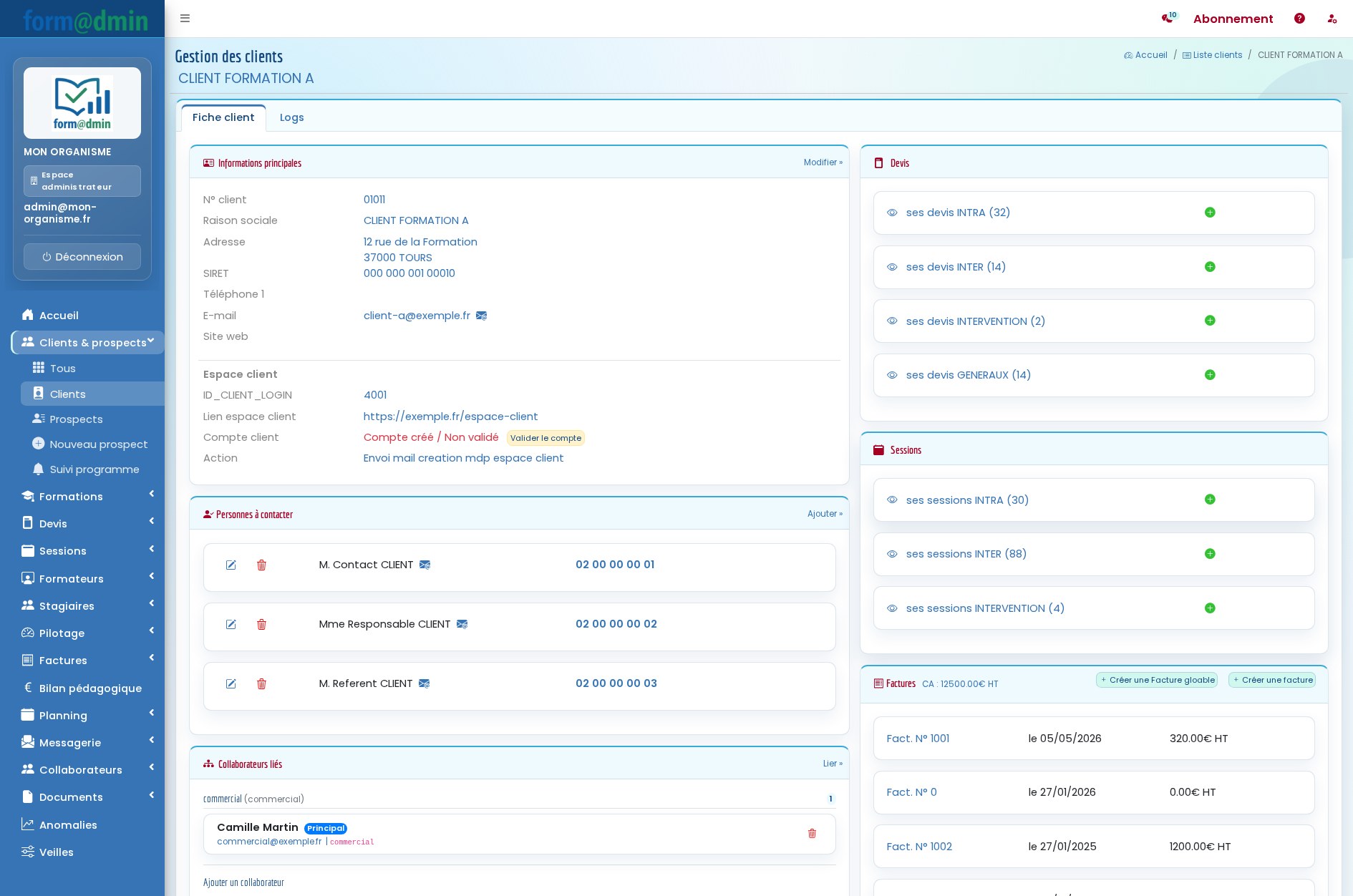 Fiche client Formadmin avec informations de contact