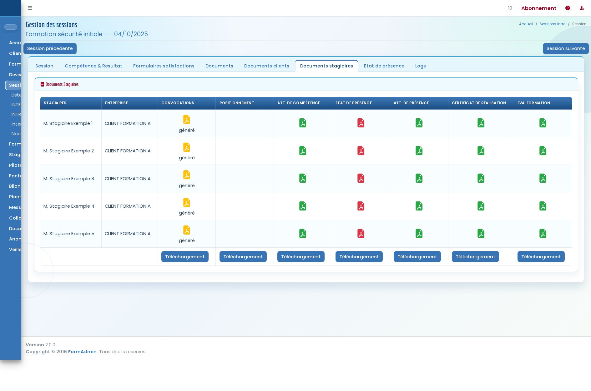 Interface Formadmin de documents stagiaires