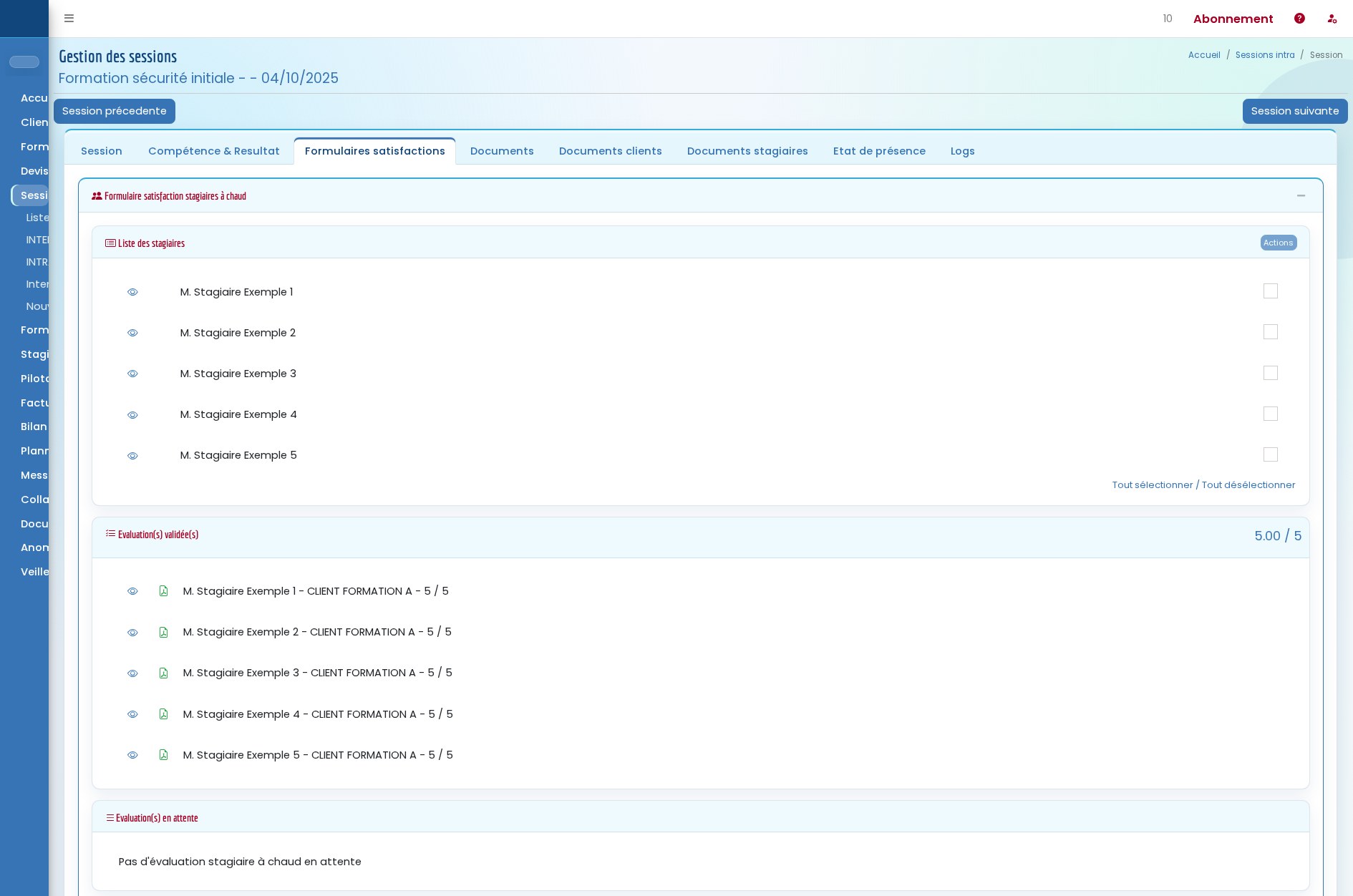 Interface Formadmin des formulaires de satisfaction stagiaires